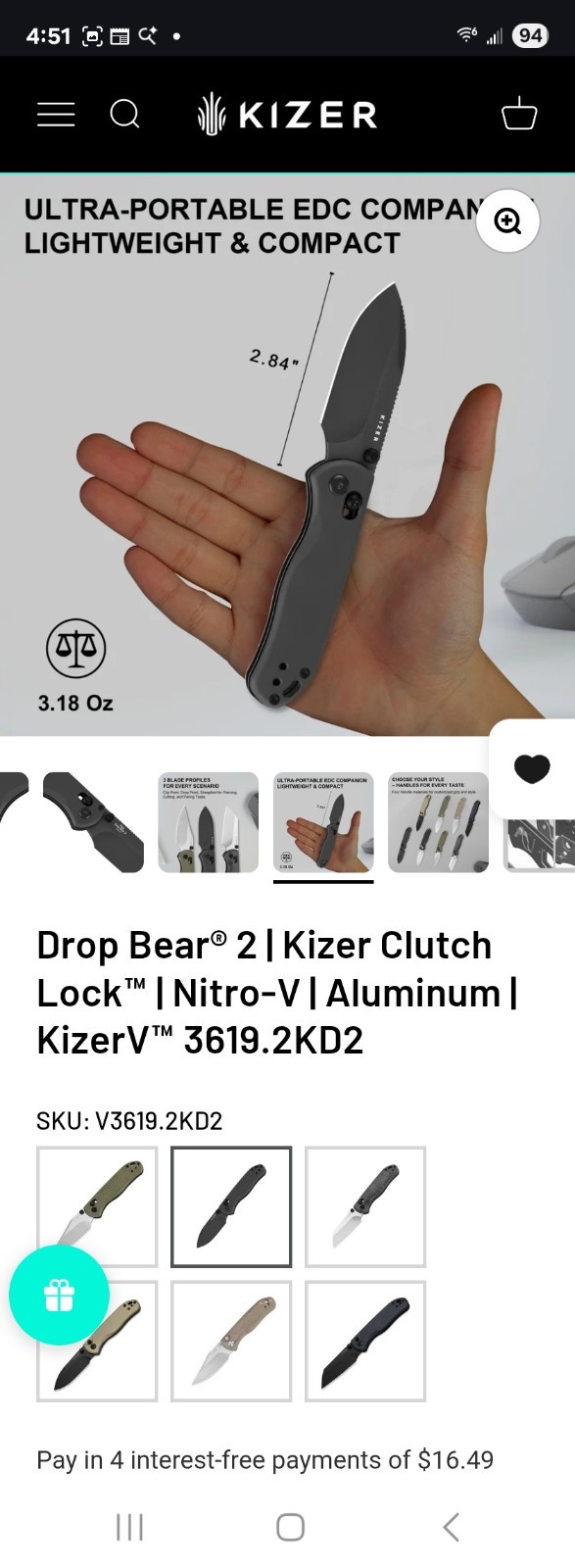 Kizer Drop Bear 2 Pocketknife Nitro-V Drop Point Clutch Lock Gray Aluminum