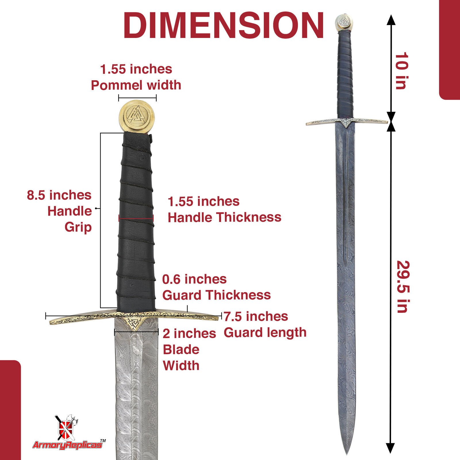 Einherjar Blade of Valhalla Damascus Steel Viking Long Sword Free Leather Sheath