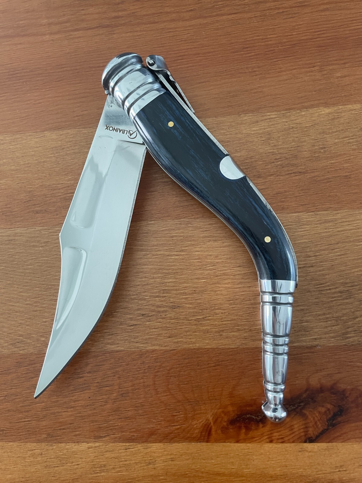 5.5″ Spanish Navaja Sevillana Pocket Knife Blue Stamina Wood Scales with Ratchet