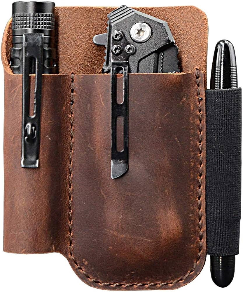 EDC Leather Knife Sheath Organizer Pouch – Full Grain Leather – Chestnut