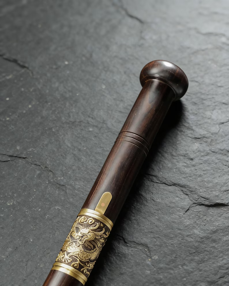 Round Head Sword Cane Solid Wood Shaft Aged Brass Dragon Ring Decorative Display
