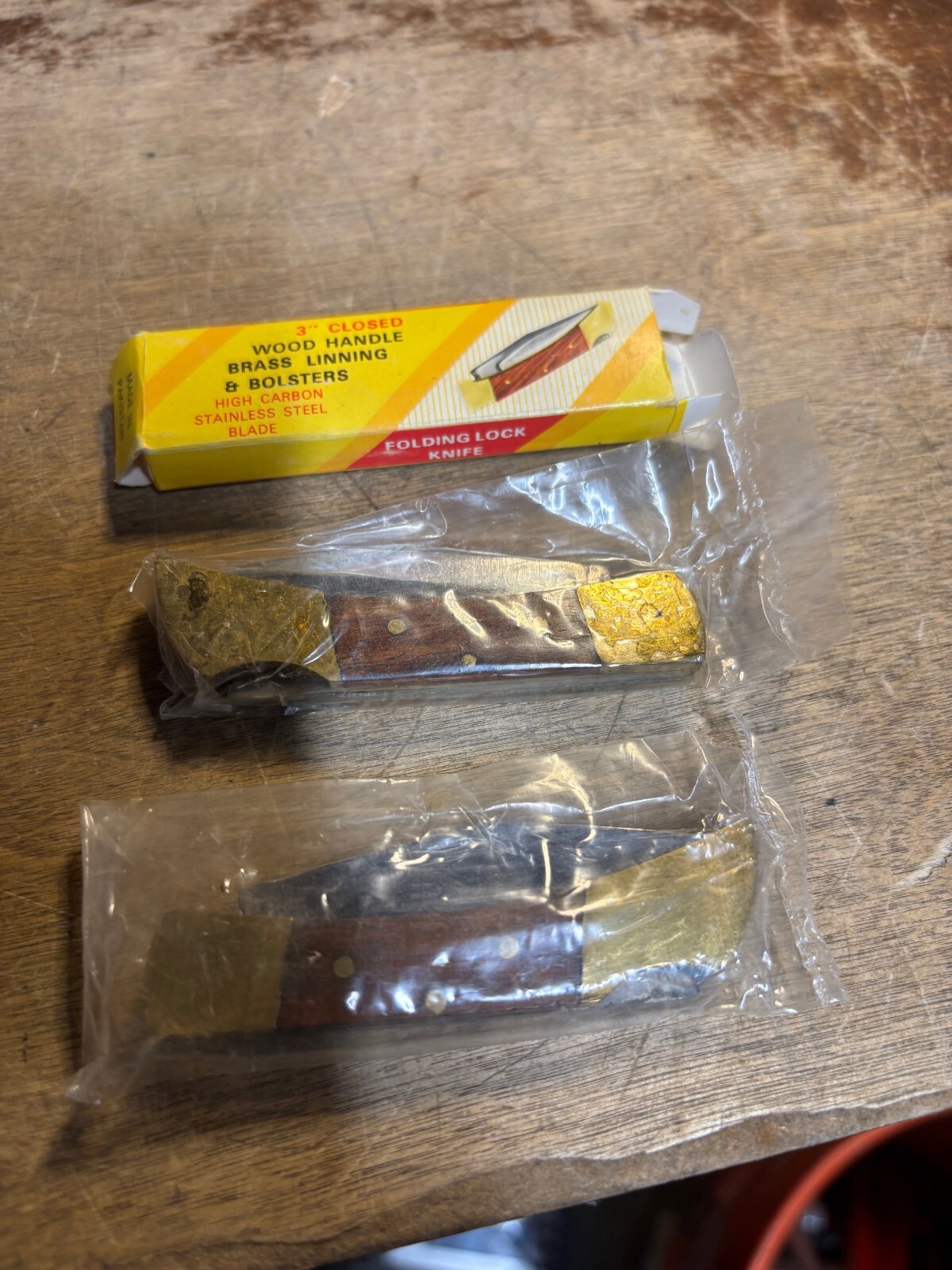 2 Vintage Brass And Wood Folding Lock Blade Pocket Knife Stainless 3” Unused
