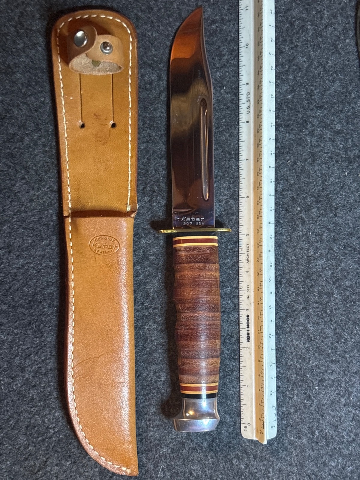 Vintage KA-BAR 1207 USA 6″ Stacked Leather Hunting Knife & Original Sheath MINT