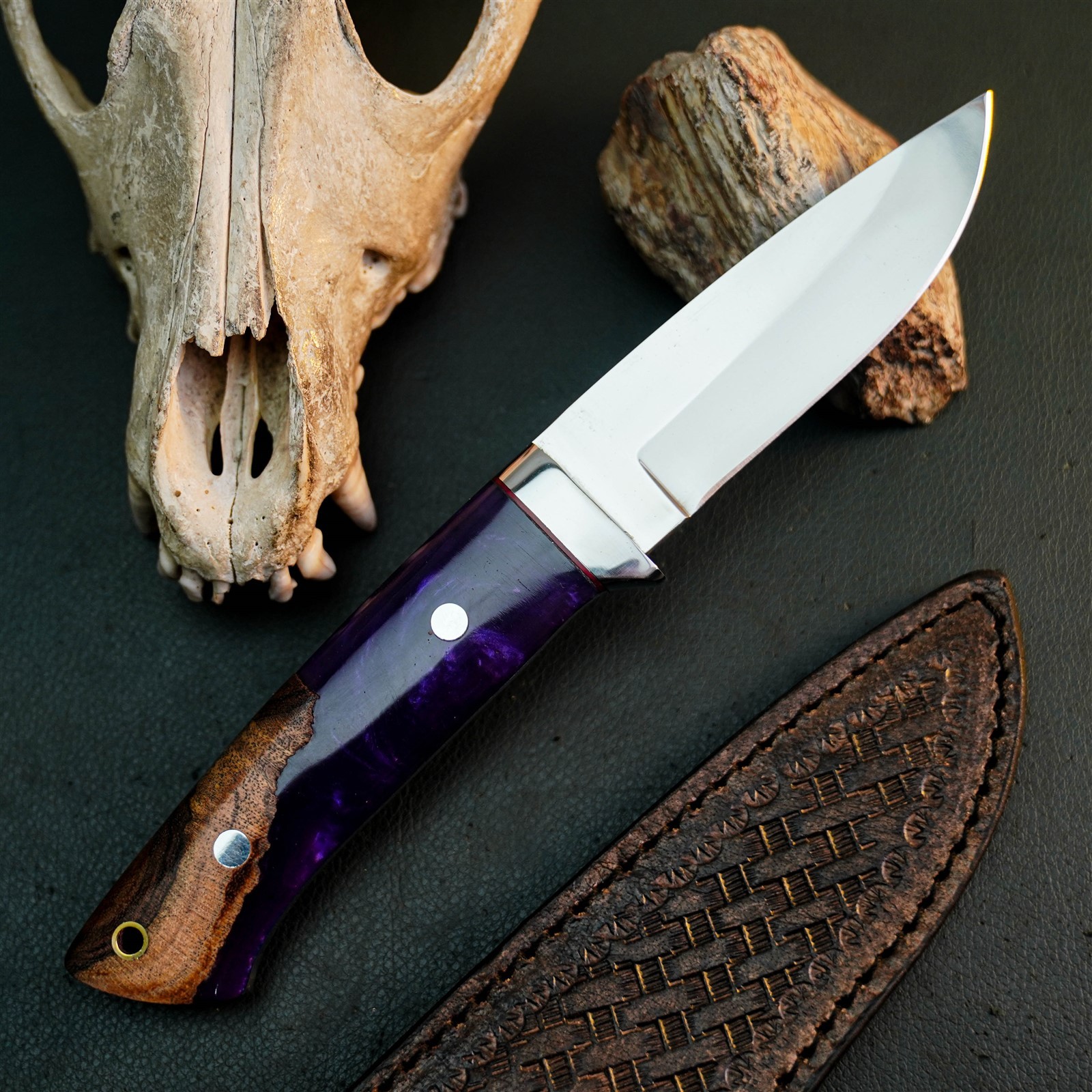 8.6″ Hunting EDC Stainless Knife Handmade Full Tang Wood Handle + Sheath