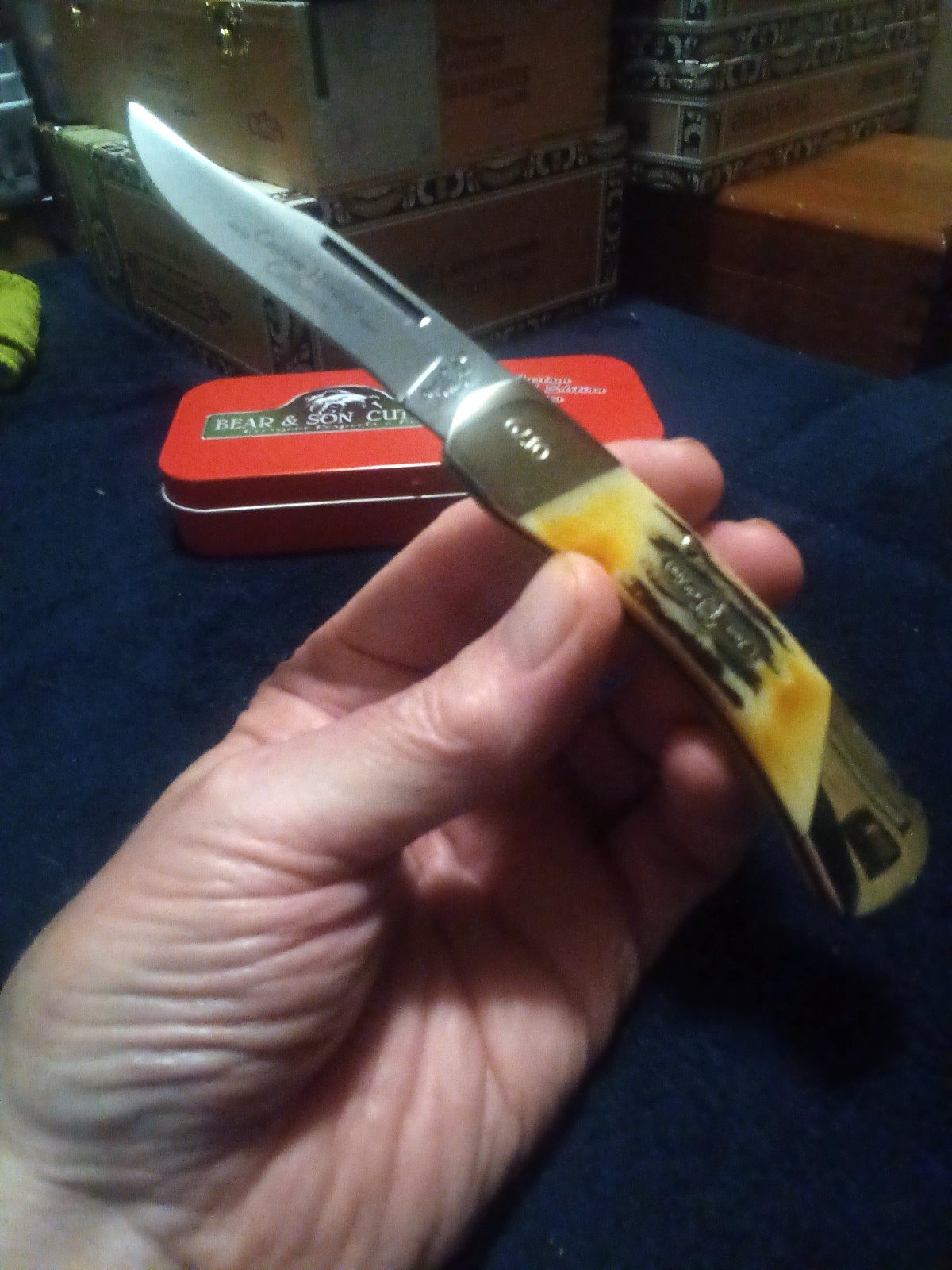 BEAR AND SON POCKET KNIFE 3 3/4 LOCK BACK MADE IN THE USA WITH INDIA STAG HANDLE