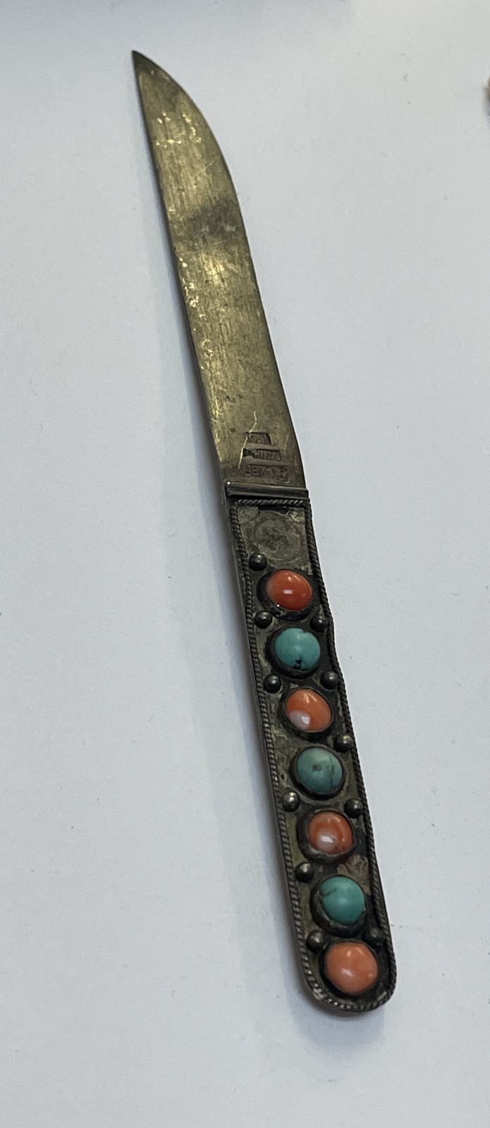 CHINA EXPORT LiU ANTIQUE TIBET SILVER CORAL TURQUOISE FIXED SINGLE BLADE KNIFE