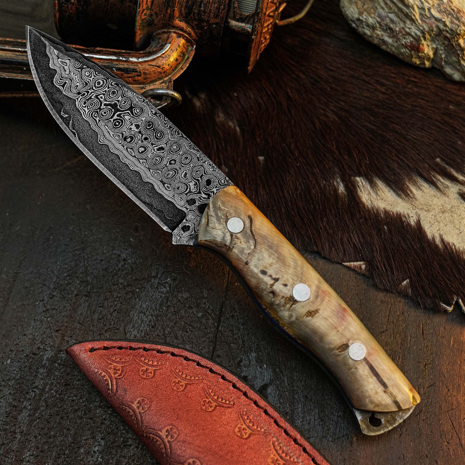 8.7″ Damascus Camping EDC Knife Full Tang Wood Handle Fix Blade + Sheath