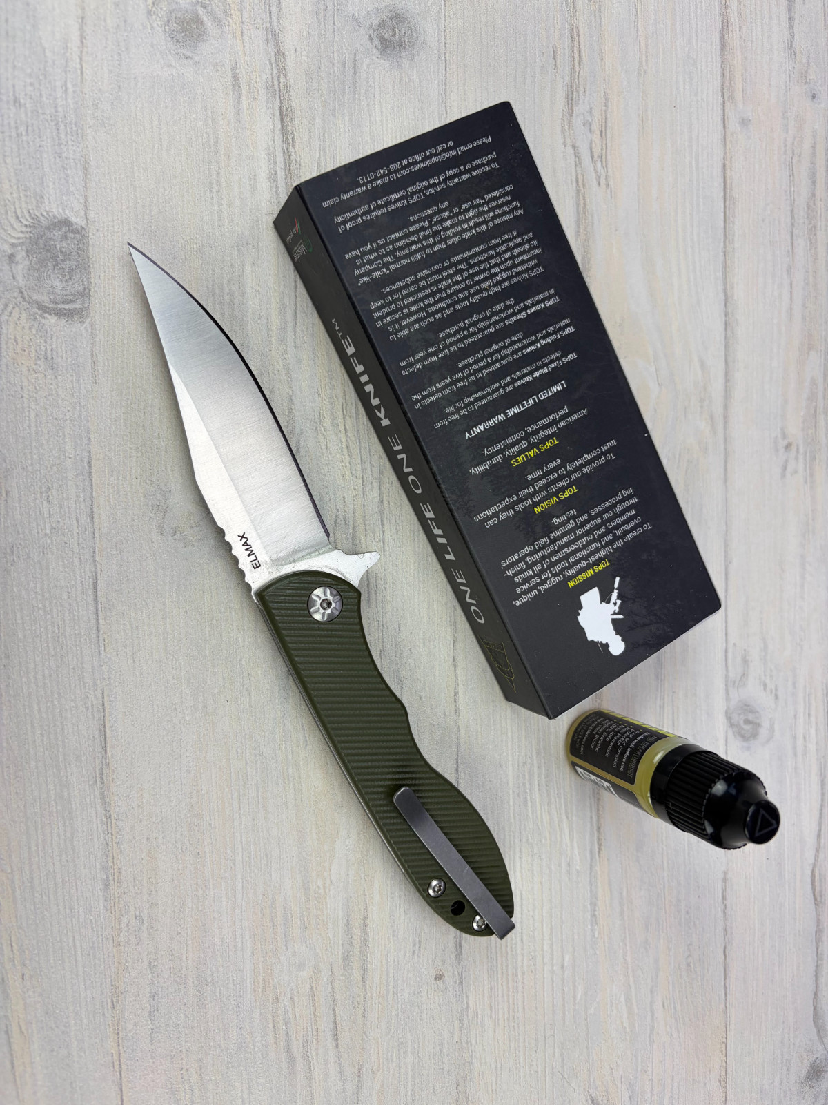 Tops Knives MSF-G Folding Knife – Elmax Steel Blade – Green G10 Handle – Maserin