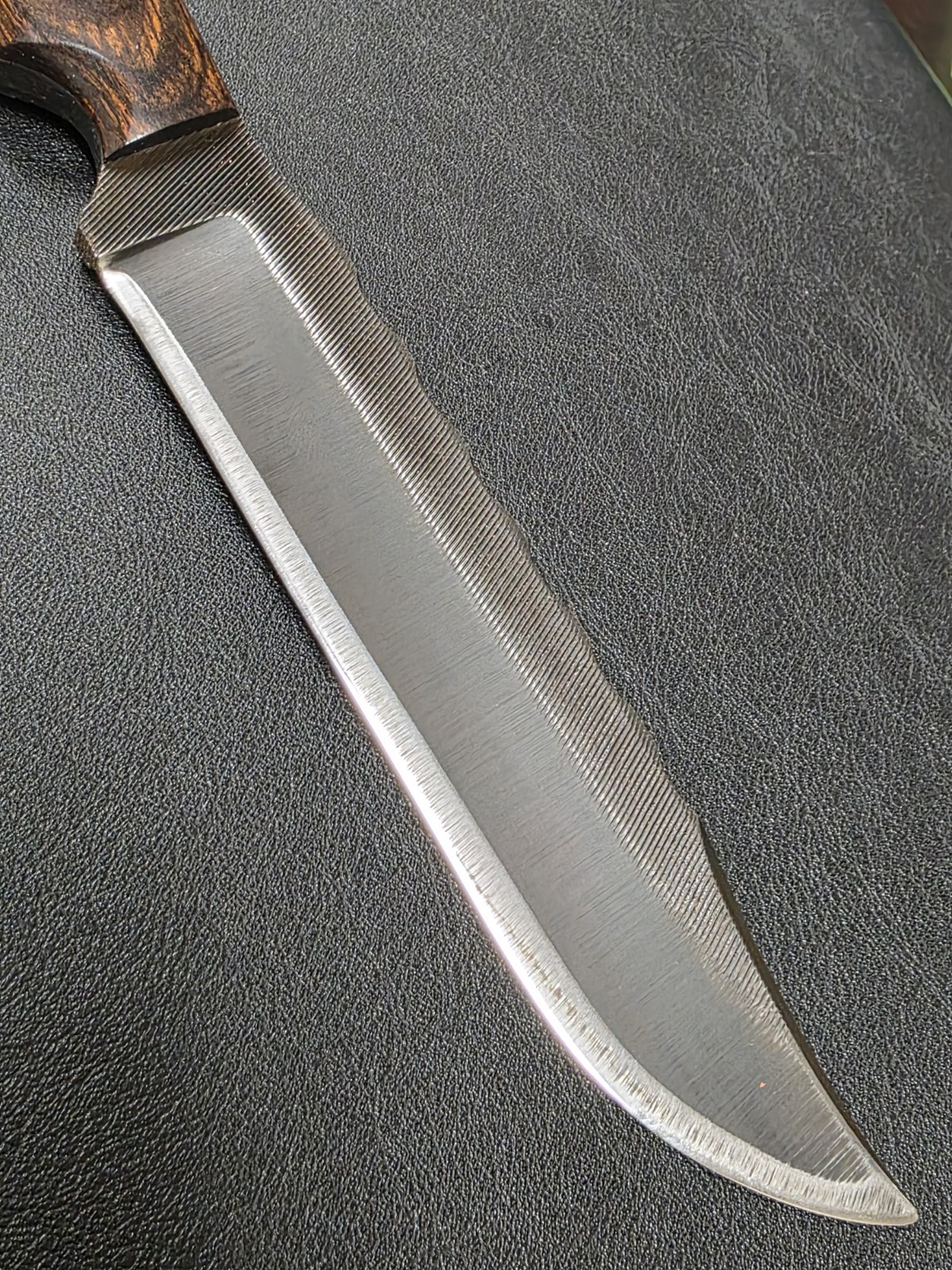 Anza Knives, Blued File Steel, Elk Handle, 5.5″ Clip Point, File Work, Unused