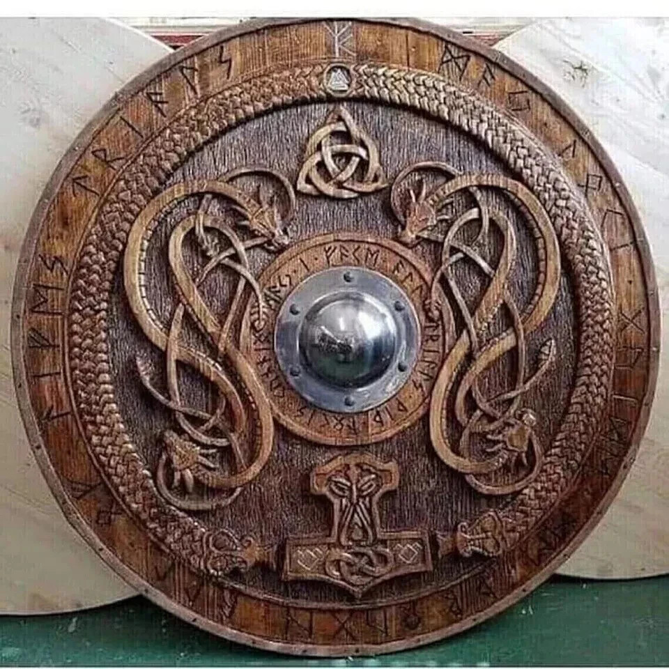 24» Medieval Wooden Norse Carving Round Viking Shield Celtic Ornament Battle