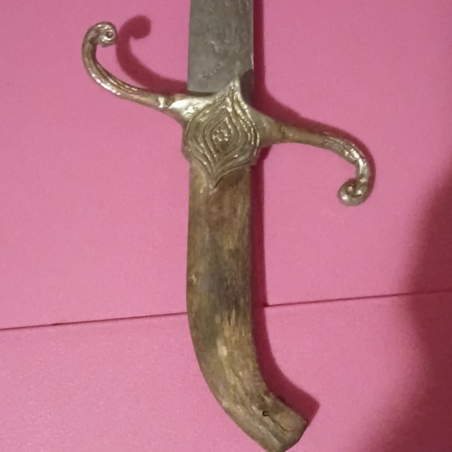 Vintage Decorative Sword Curved Guard Wood Handle Etched Steel Blade
