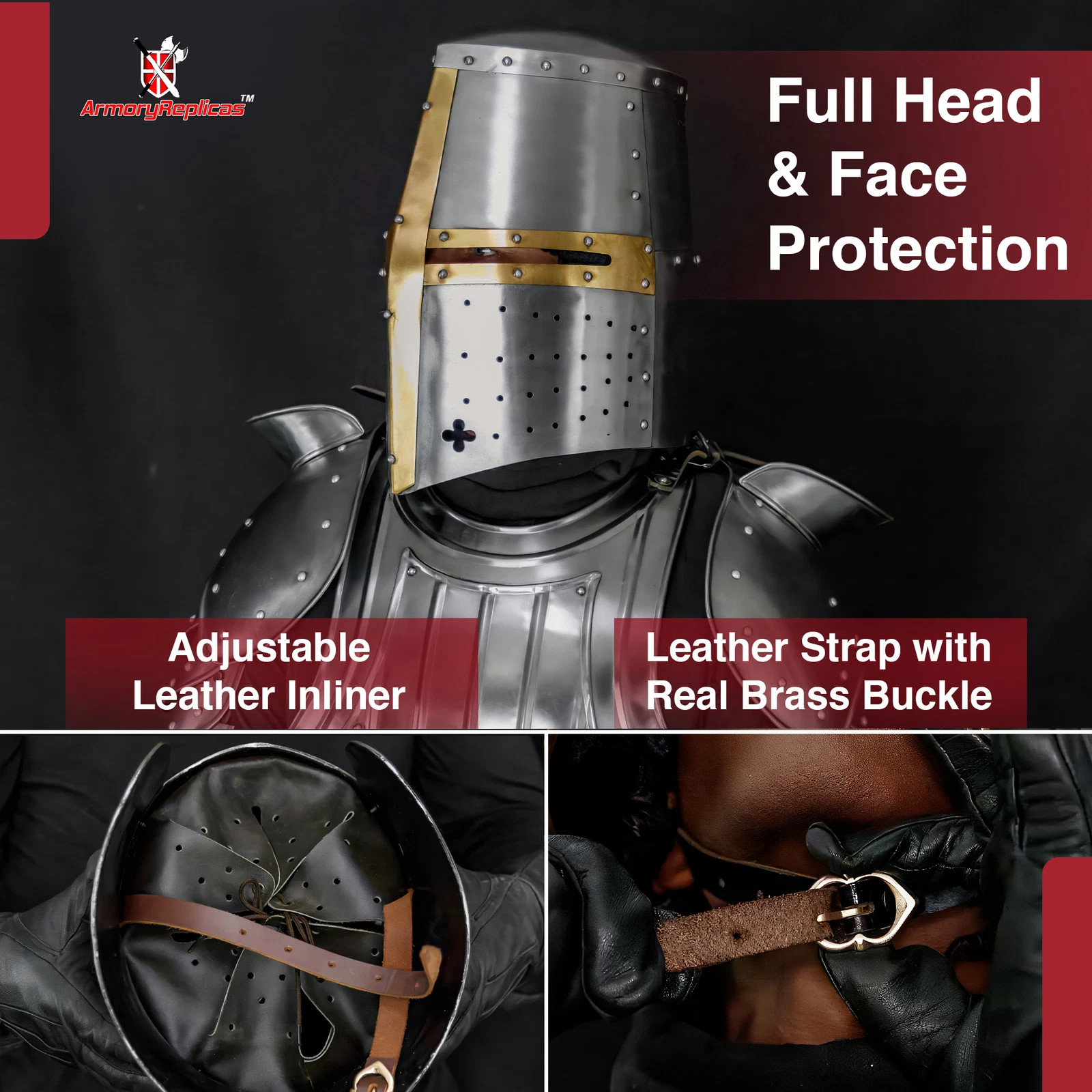 Medieval Great Bucket Helm Knights 20G Steel Templar Crusader Helmet 13 In