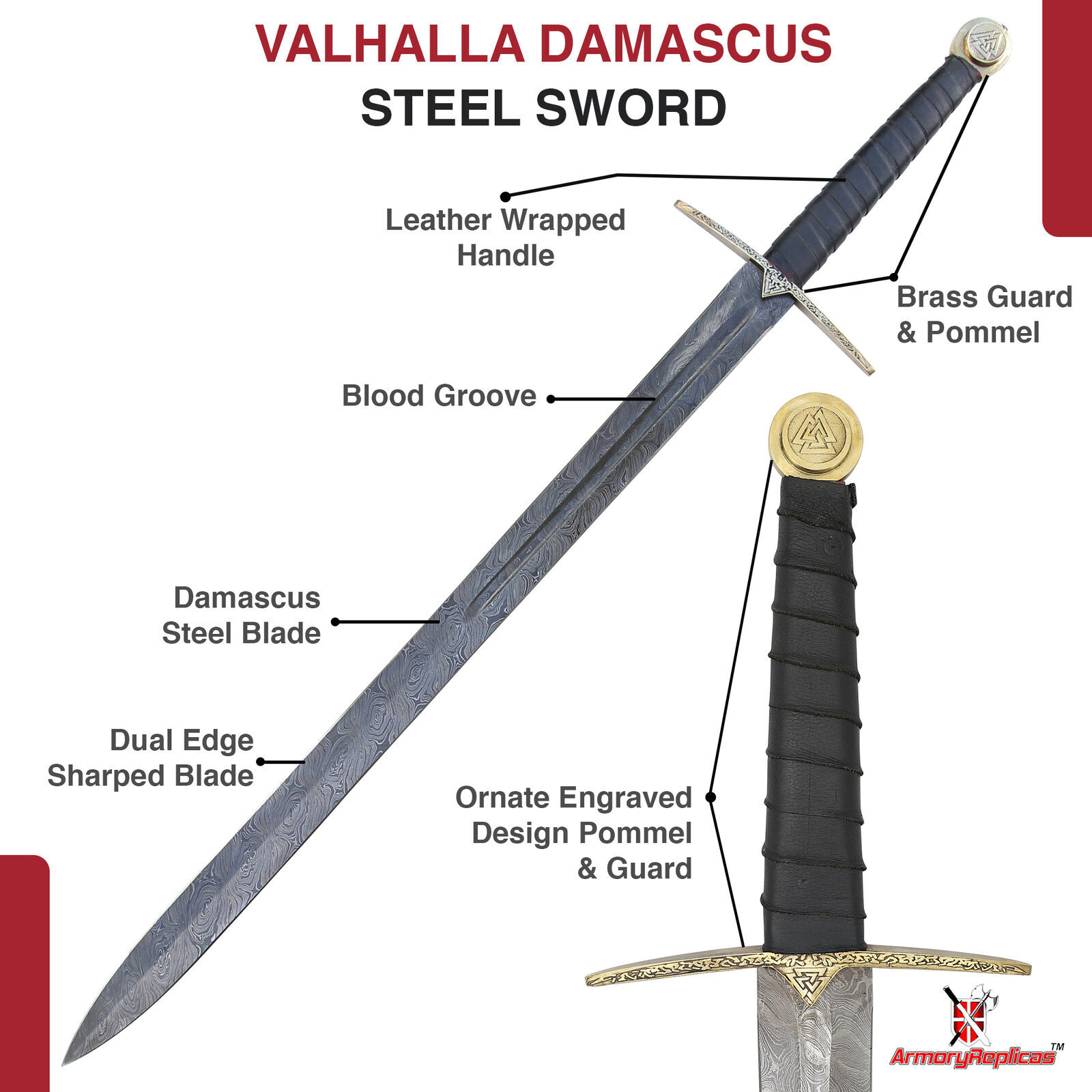 Einherjar Blade of Valhalla Damascus Steel Viking Long Sword Free Leather Sheath
