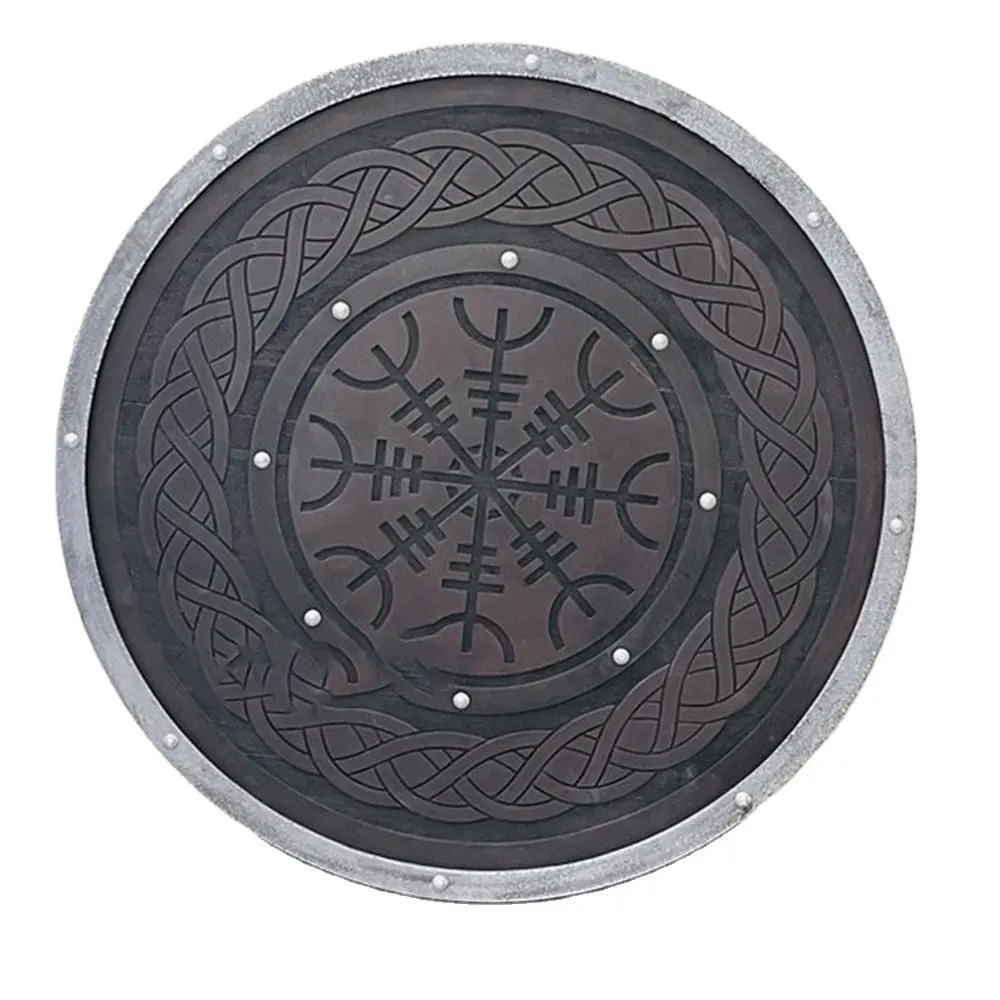 Yggdrasil Larp Warrio Carved Viking Shield: Handcrafted 24-Inch Wood and Metal