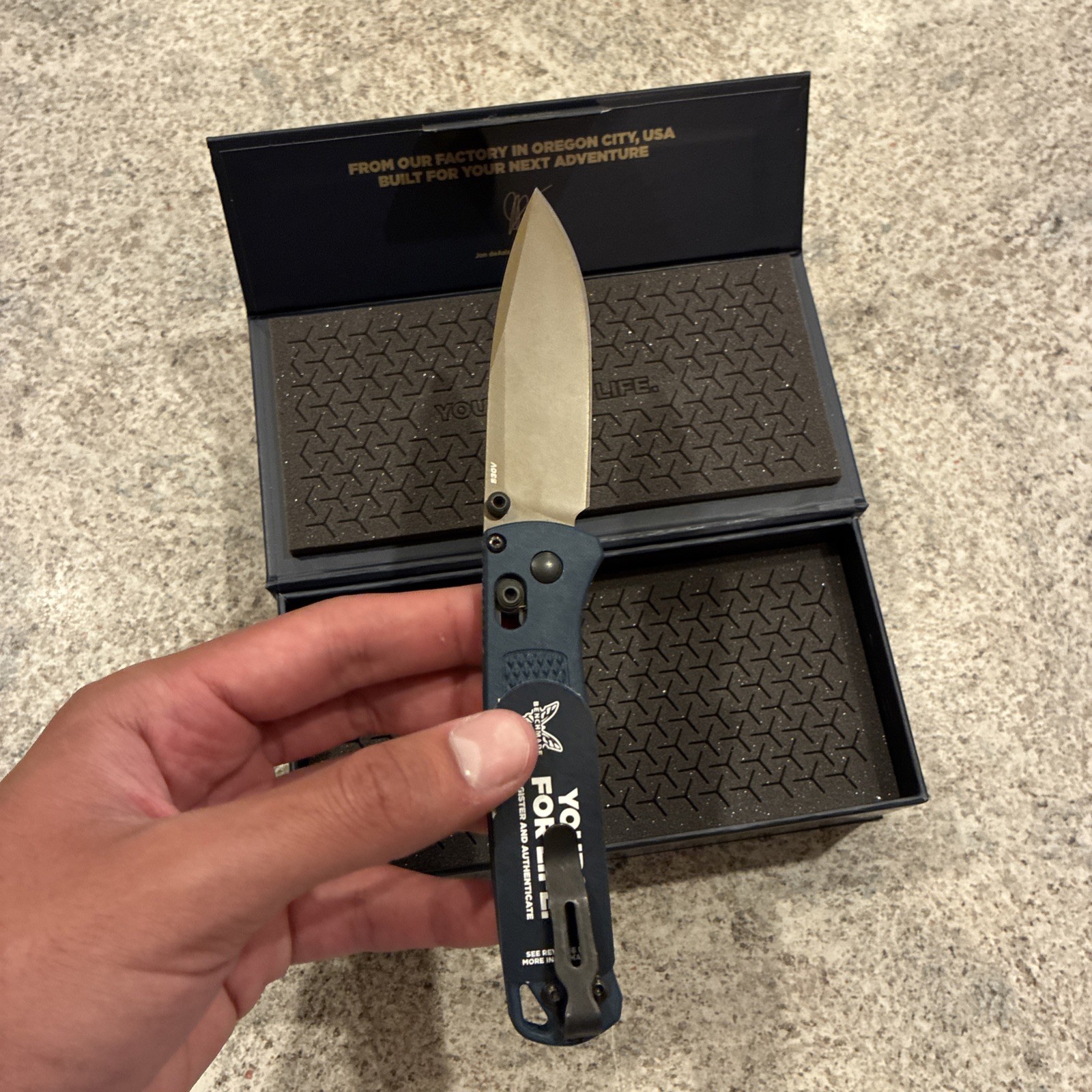 Benchmade 535FE-05 Bugout Knife Crater Blue Grivory Handle S30V Folding Knife