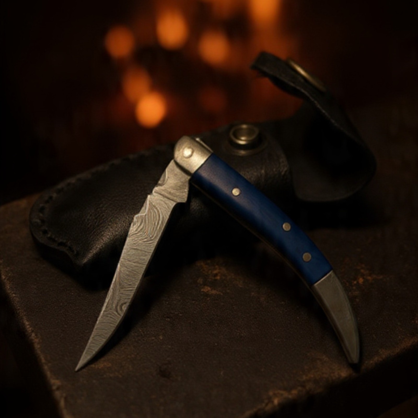 Damascus Steel Folding Knife Blue Bone EDC Pocket Folder with Leather Sheath
