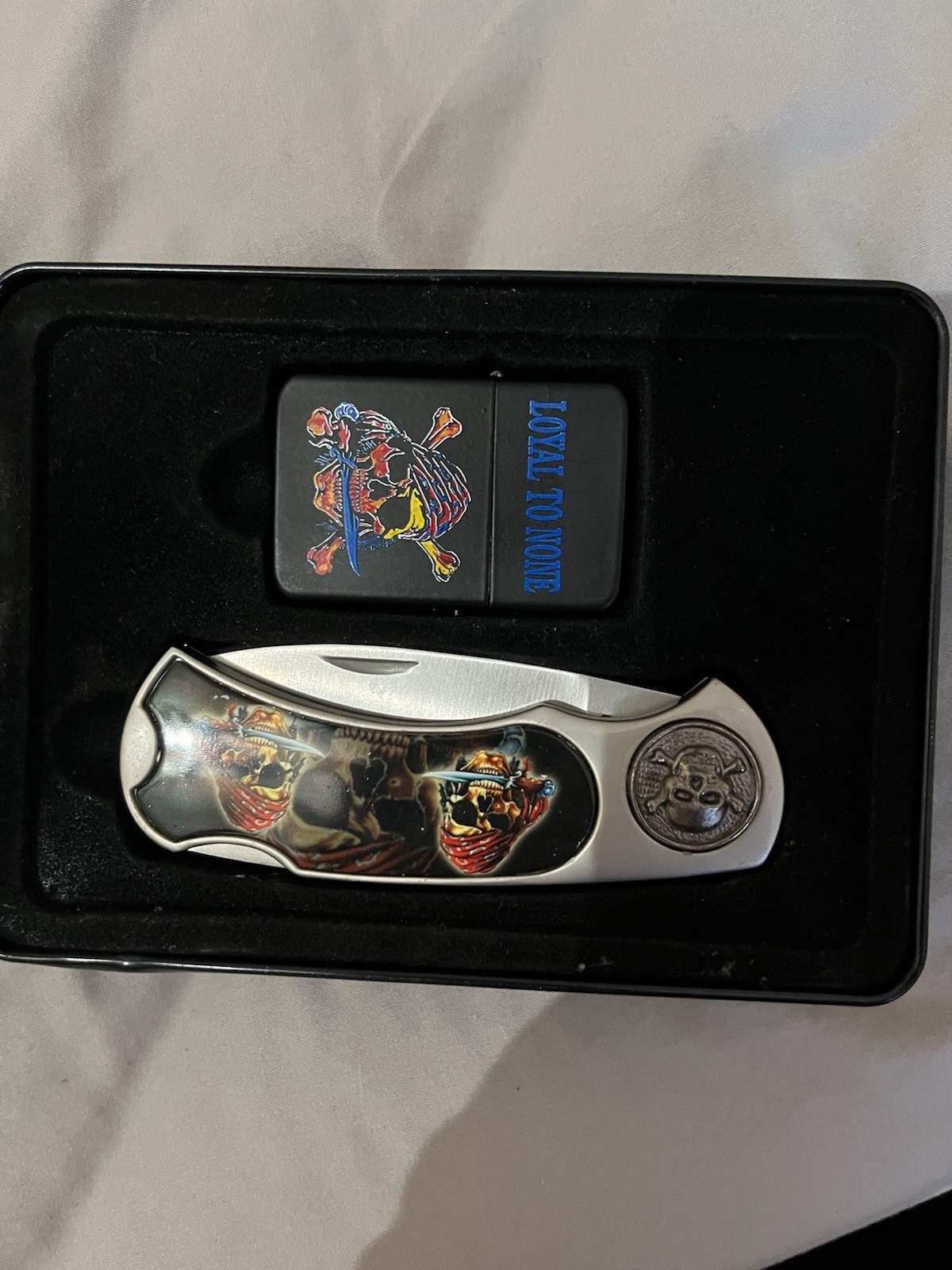Loyal to None Skull Graphic pocket knife and matching zippo in case 🔥