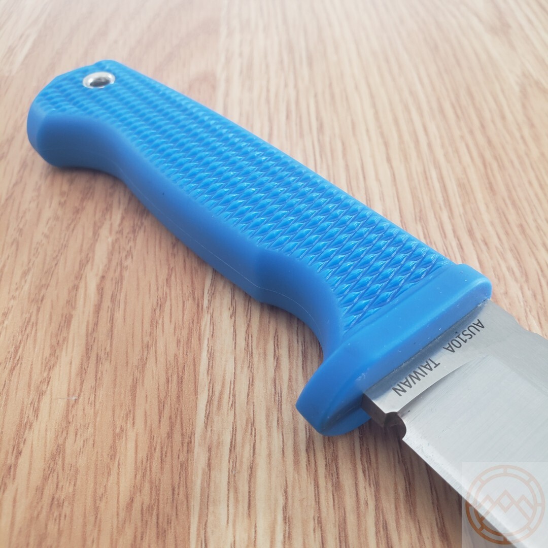 Demko Fixed Knife 5″ AUS-10A Steel Drop Point Blade Blue Checkered Rubber Handle