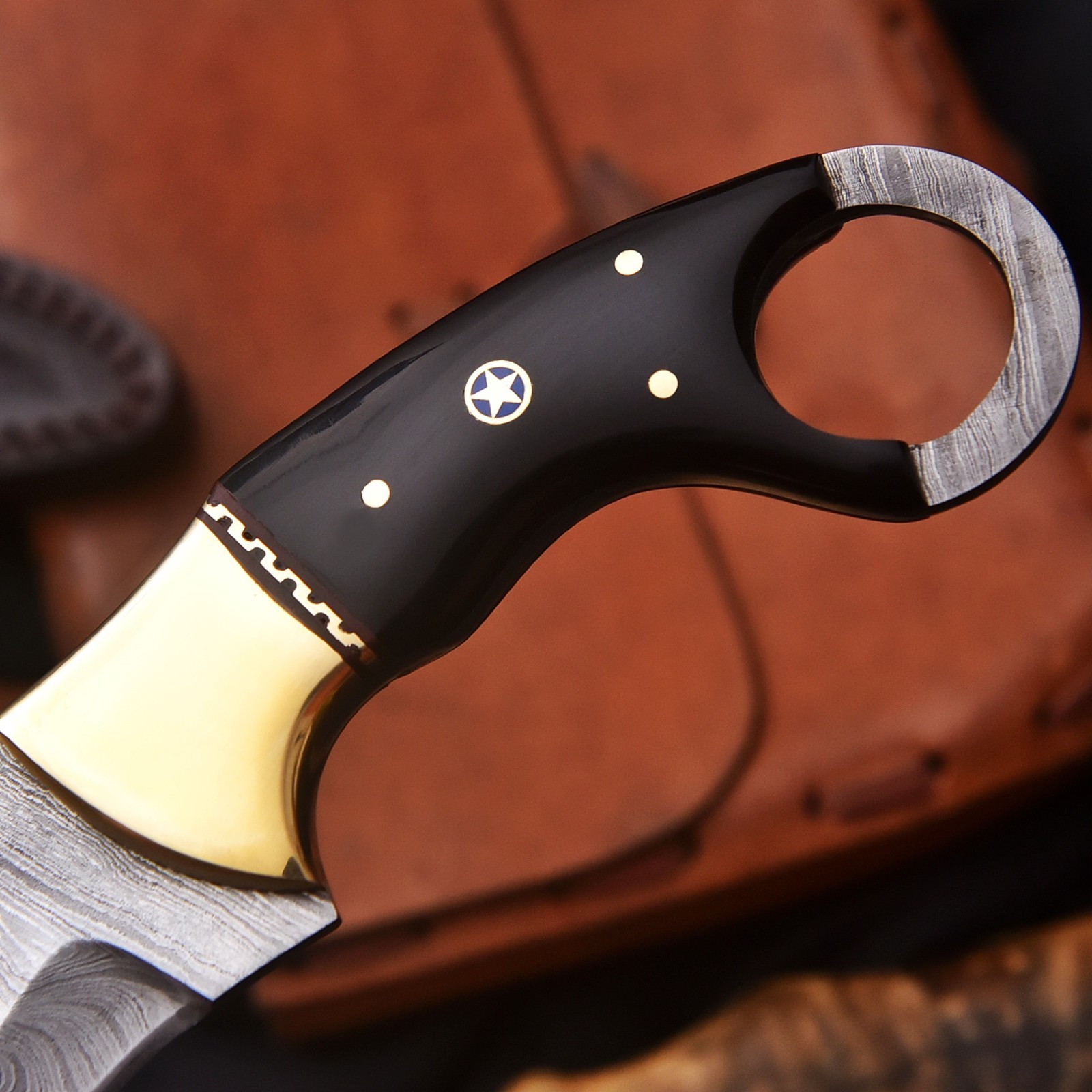 Handmade Damascus Karambit Hunting Knife Brass Resin handle with Sheath