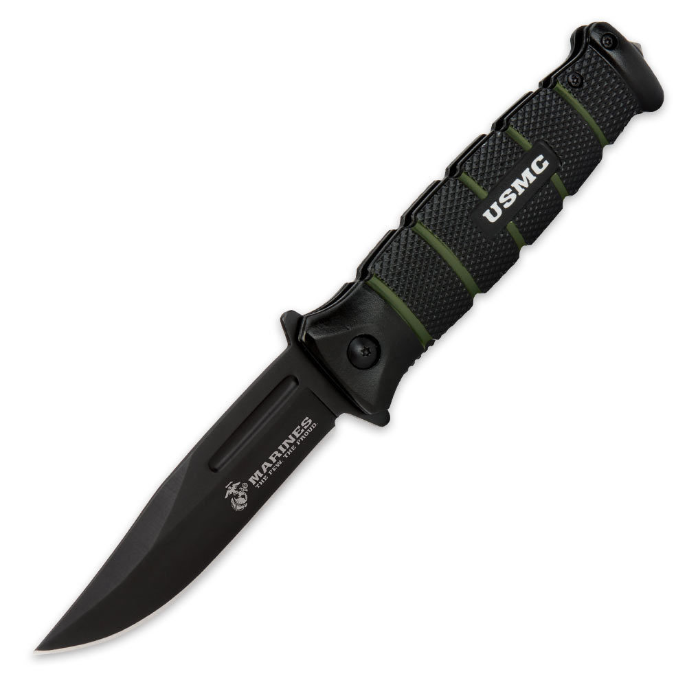 8.5″ USMC Marines Spring Assisted Opening Tactical Rescue Black Pocket Knife
