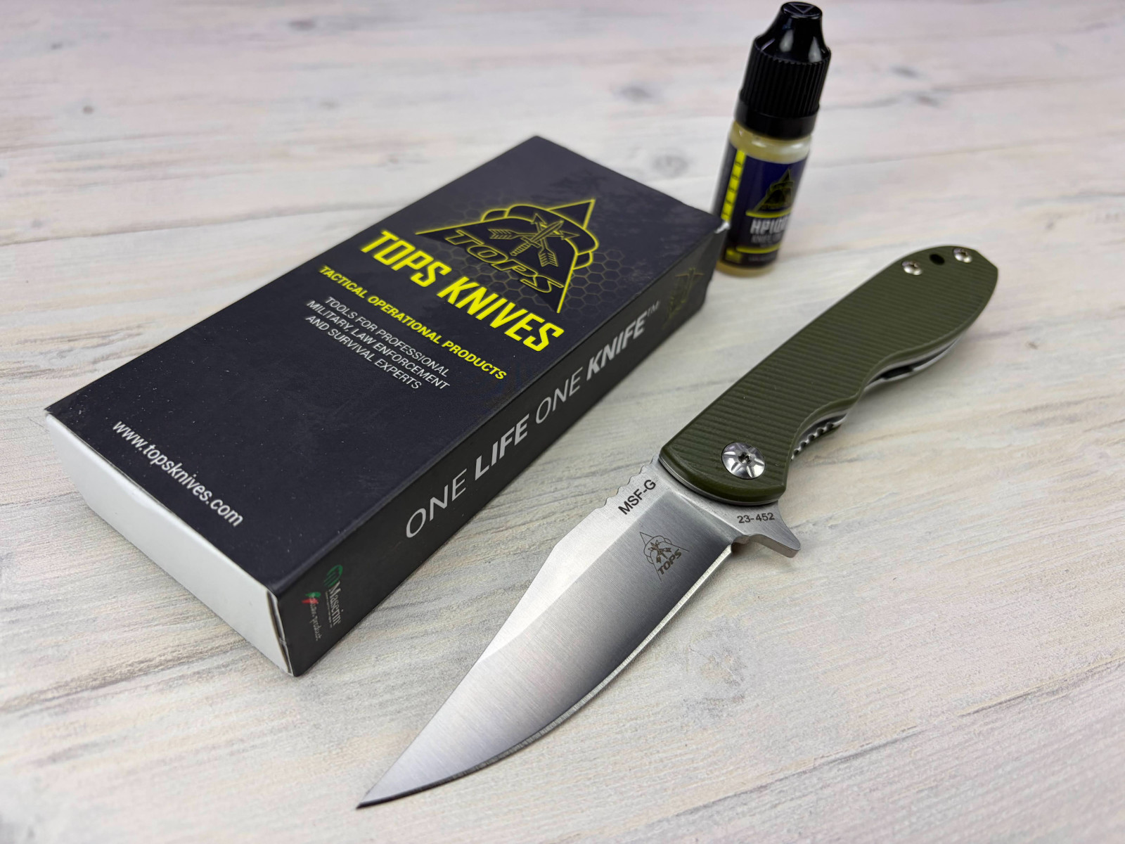 Tops Knives MSF-G Folding Knife – Elmax Steel Blade – Green G10 Handle – Maserin