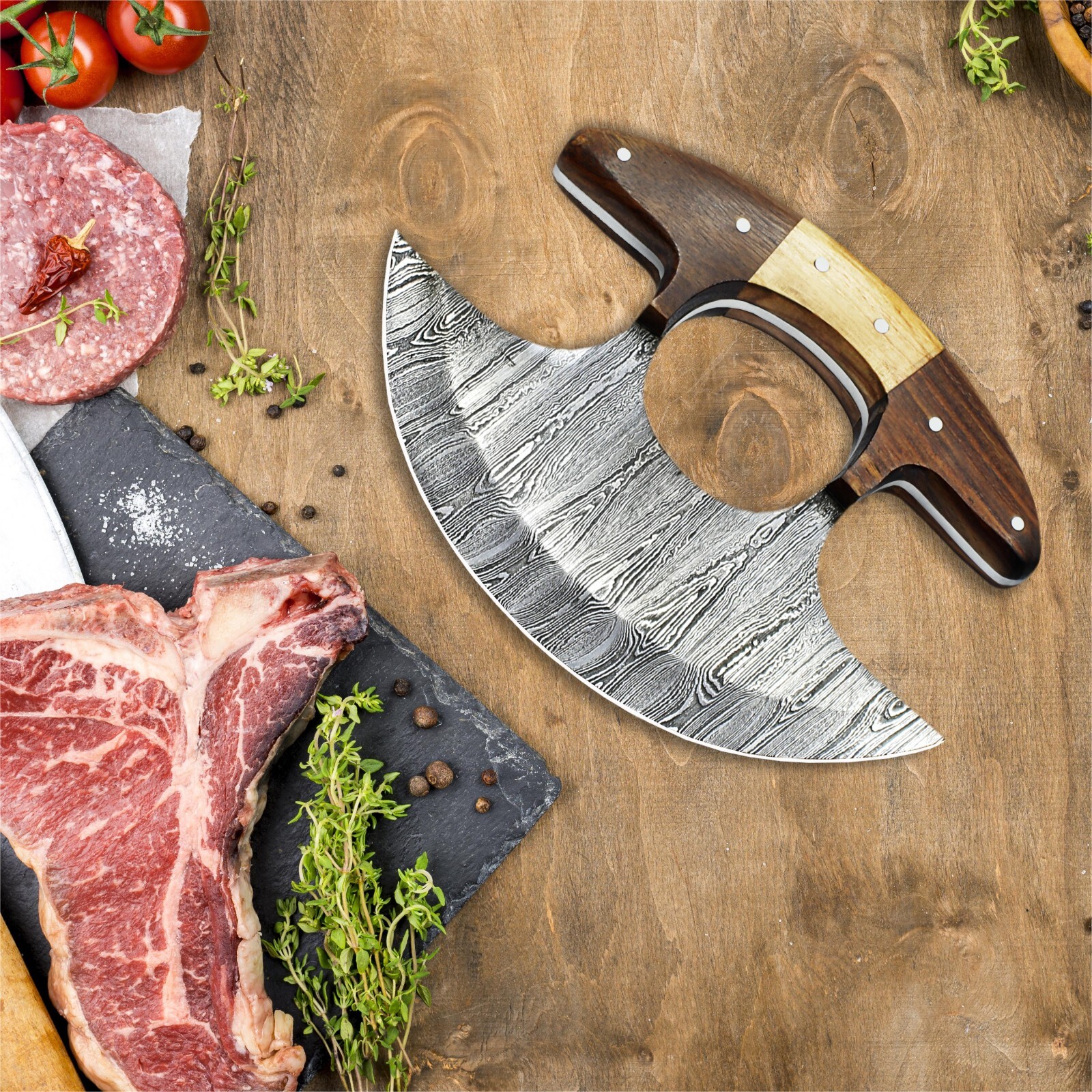 SHARDBLADE Alaskan Ulu Knife W/Sheath, HAND FORGED 5.8″ Damascus Steel Pizza Cut
