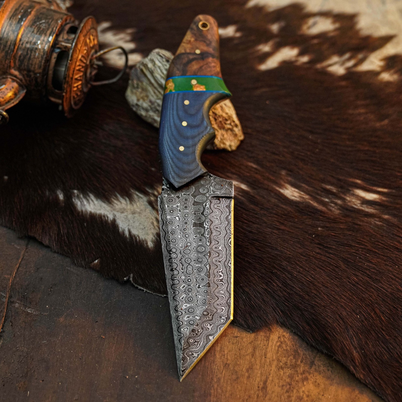 9.2″ Tanto EDC Knife Damascus Fixed Blade Wood Handle Full Tang + Sheath