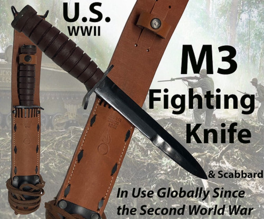 WWII M3 Fighting KA Knife w/ Leather M6 Sheath – Belt Bar – WW2 Reproduction