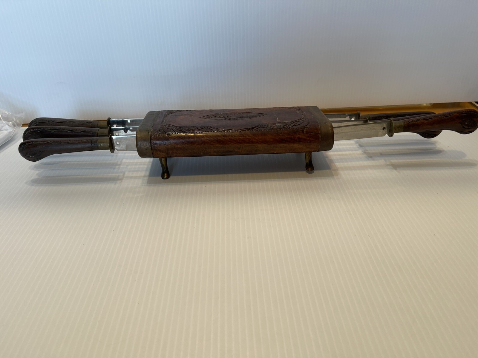 Antique Indian Hand Carved Wooden Case & Six Stainless Steel Wood Handle Knives.