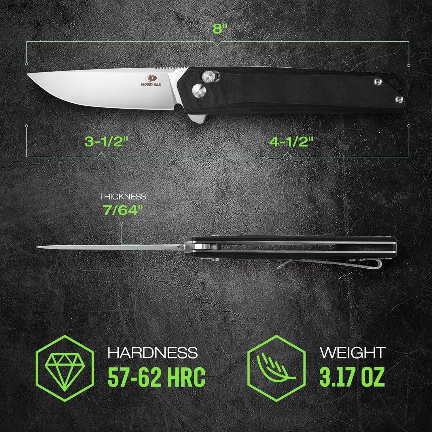 Mossy Oak Folding Pocket Knife 3.5-Inch D2 Steel Drop Point Blade G10 Handle