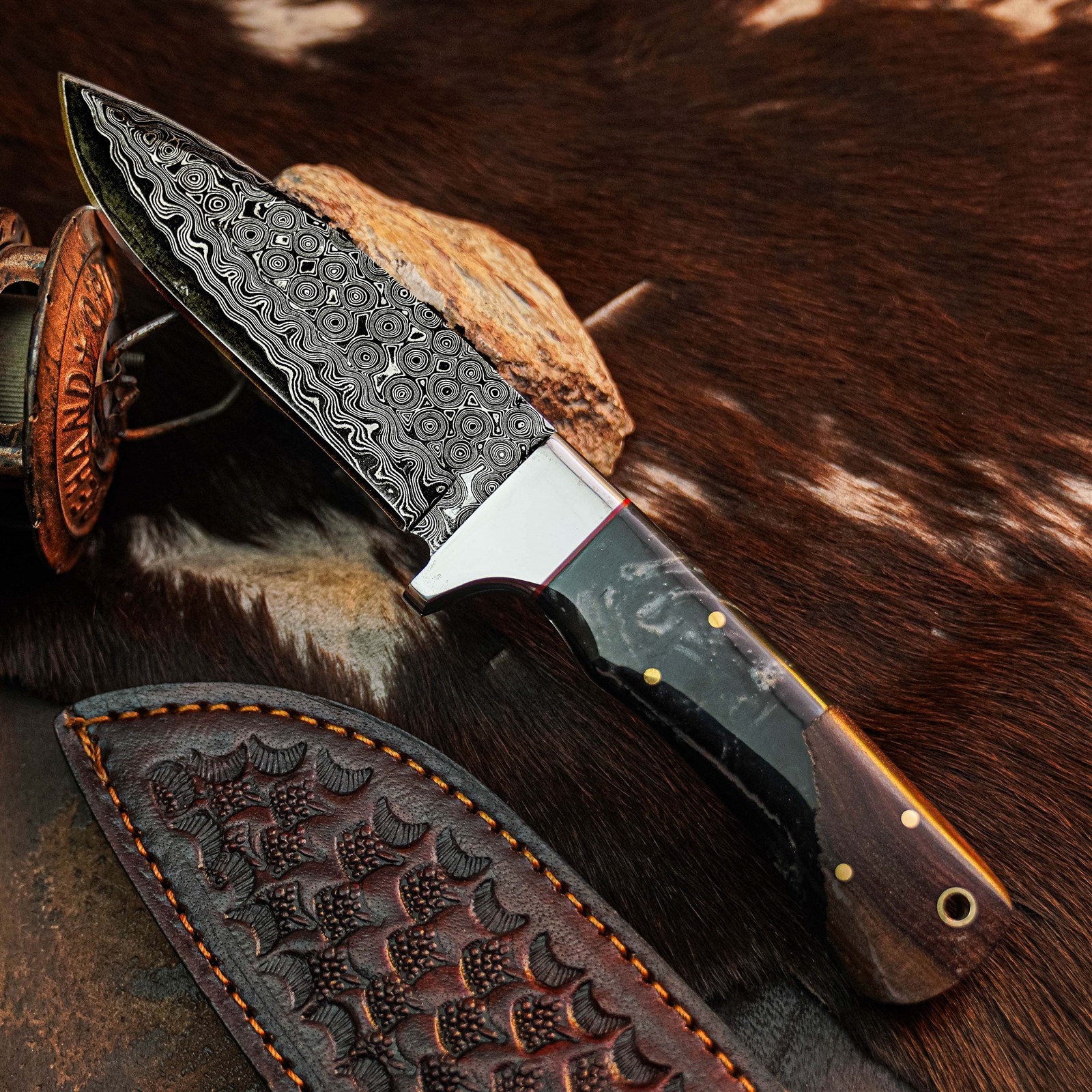 8.8″ Bushcraft Camping Damascus Knife Handmade Full Tang Wood Handle +Sheath