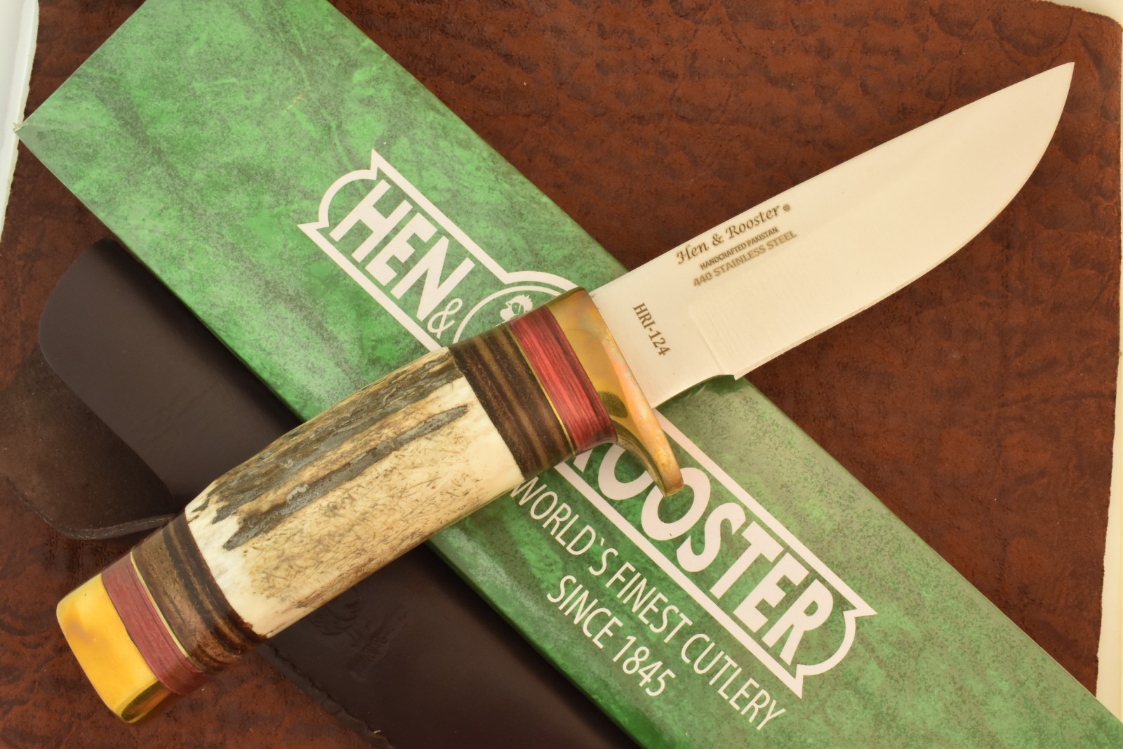 HEN & ROOSTER STAINLESS STEEL INDIA STAG FIXED BLADE HUNTING KNIFE NICE (36376)