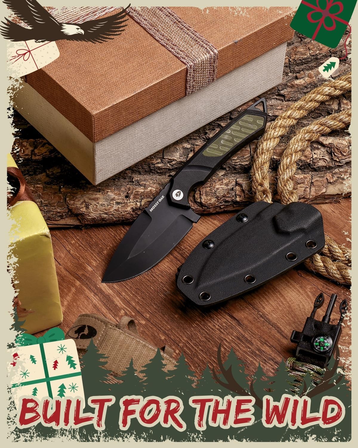 MOSSY OAK 8 Inch Fixed Blade Full Tang Survival Knife D2 Steel with Kydex Sheath