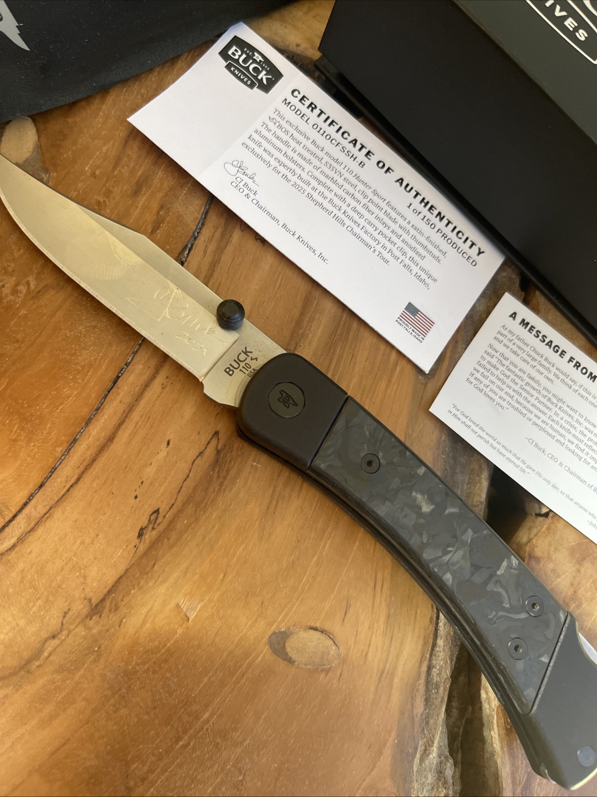 CJ BUCK Signed 110 Knife 2025 CARBON FIBER Sport Hunter USA S35VN BOS 1/150 Pro