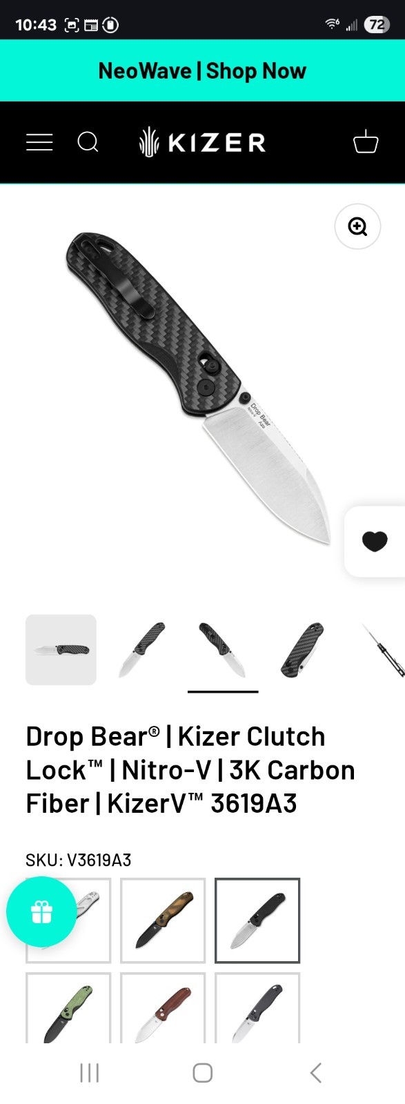 Kizer Drop Bear V3619A3 Pocketknife Nitro-V Drop Point Plain Clutch Lock CF
