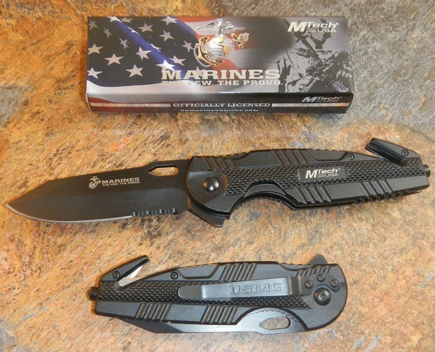 USMC Marines Black Spring Assisted Open Rescue Pocket Knife Officially Licensed