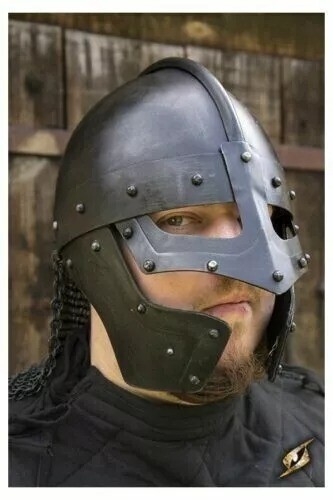 Larp Norman Nasal Black Helmet Knight Viking Helmet With Chainmail