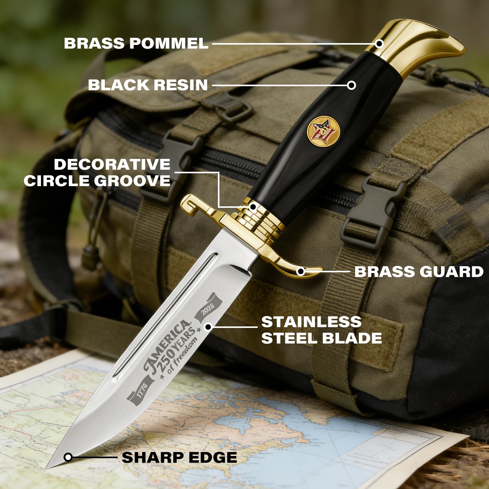 USA 250th Anniversary Fixed Blade Knife with sheath Independence Day Limited