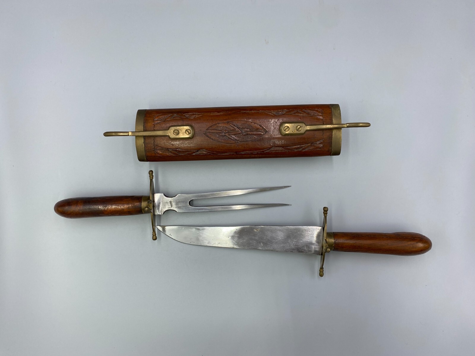 Vintage Indian knife and fork set wooden carved wood and brass trim
