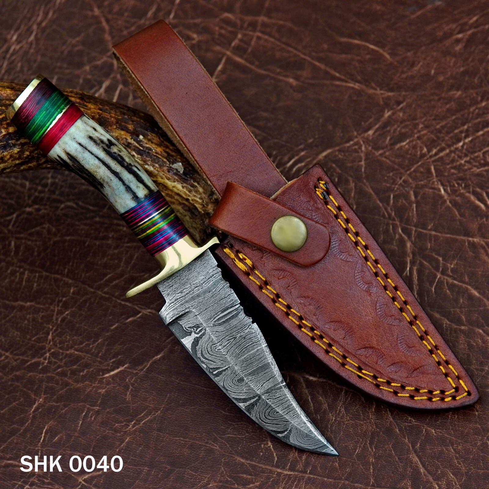 8″ CUSTOM HANDMADE DAMASCUS HUNTING SKINNING KNIFE DEER STAG Handle Brass Guard