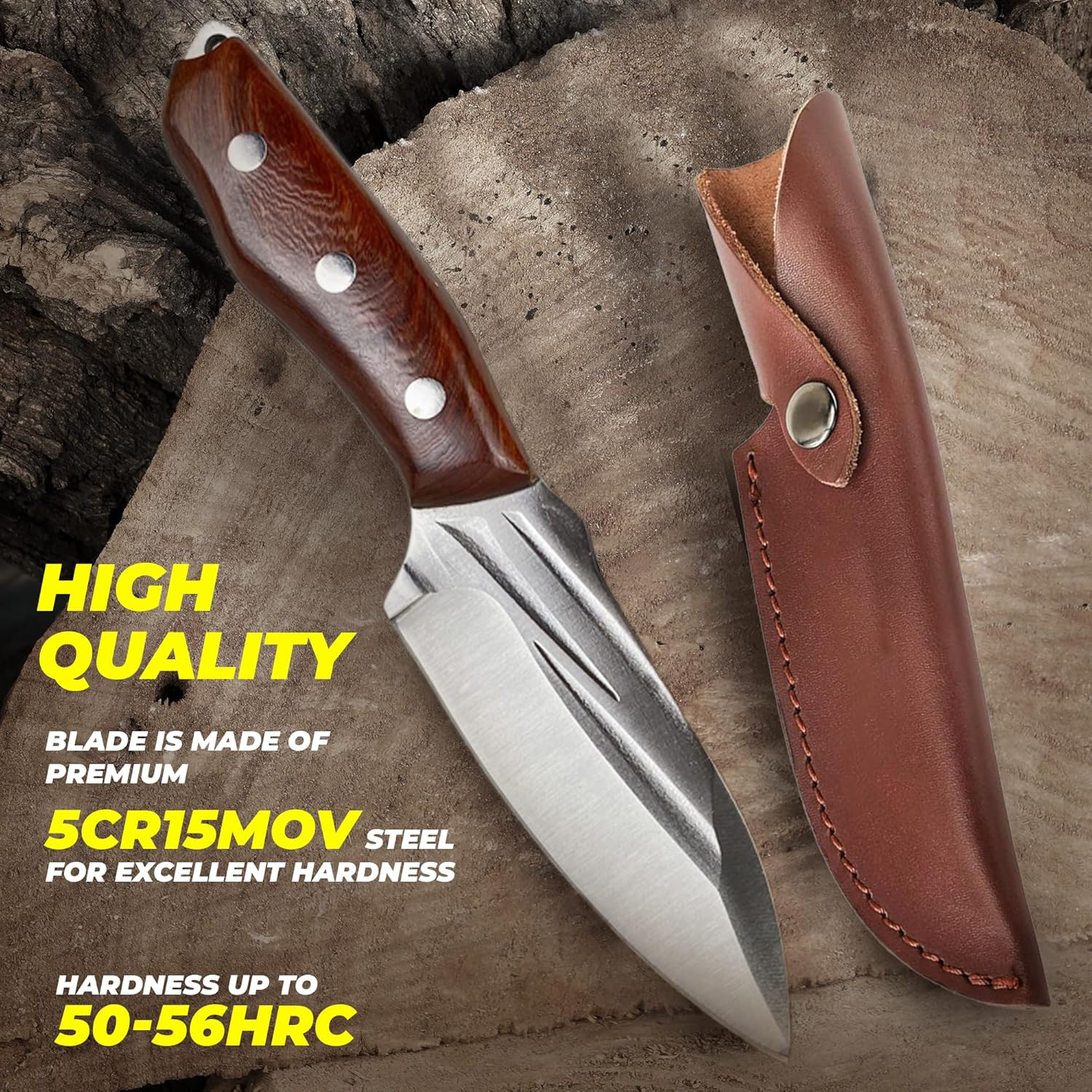 Pocket Fixed Blade Knife with Wood Handle and Leather Sheath for Camping, Outdoo