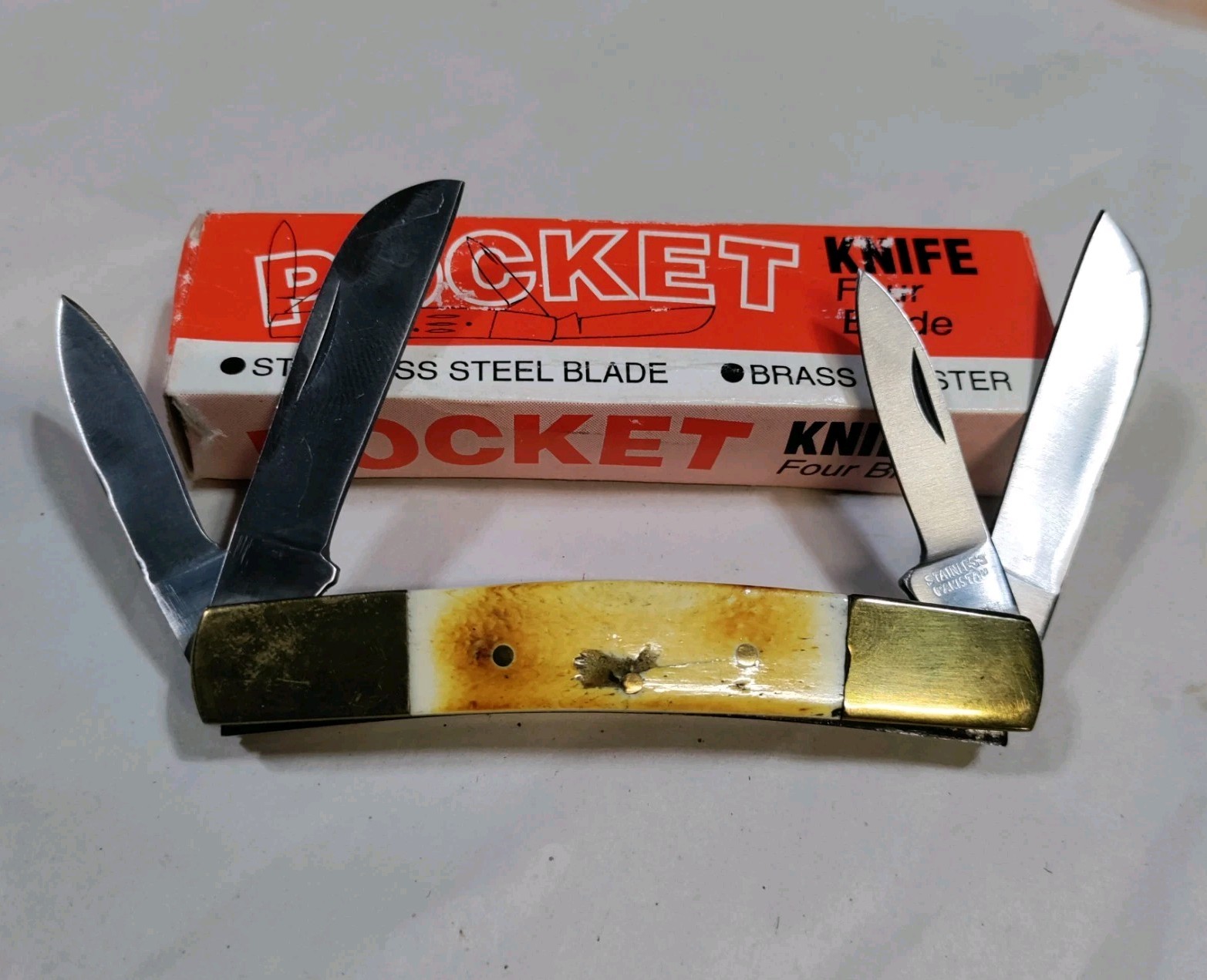 BONE HANDLED Pocket Knife – 4 Stainless Steel Blades Art NO 2038 In Box Pakistan