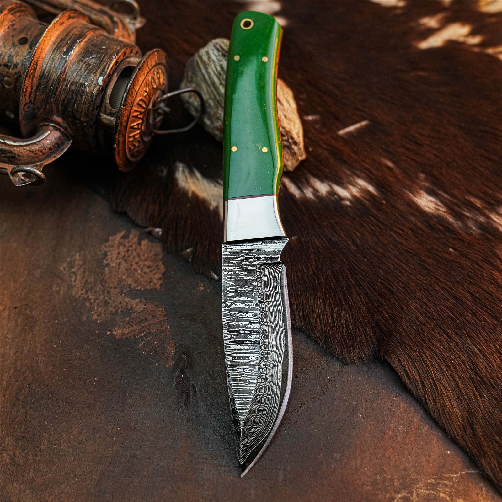 9.0″ Camping Bushcraft Damascus Knife Handmade Full Tang Resin Handle +Sheath
