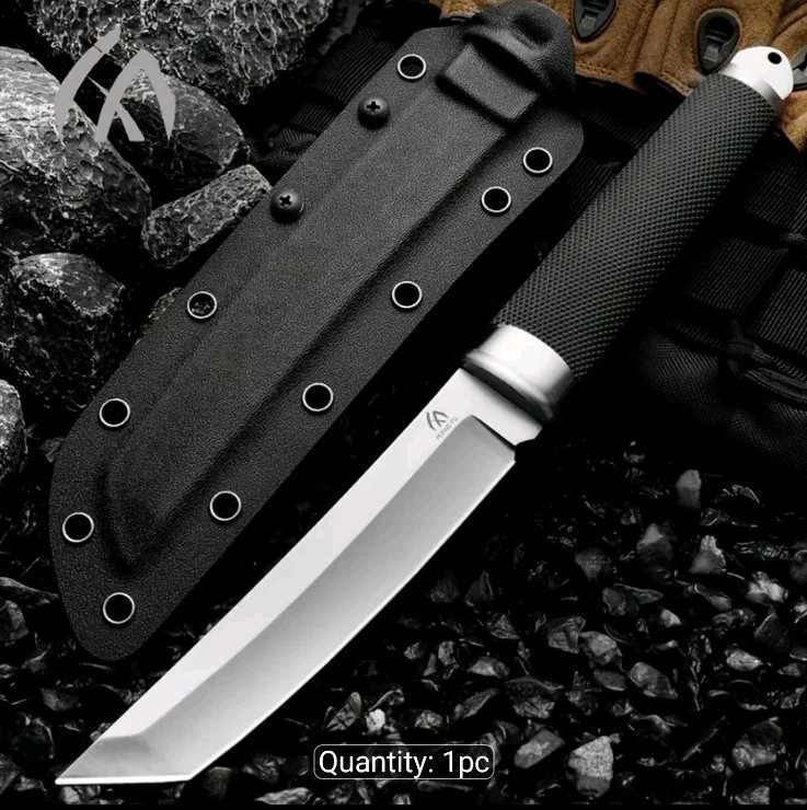 HUANG FU 11.2″ Full Tang Tanto Knife, 440C Blade, Rubberized Grip & Sheath