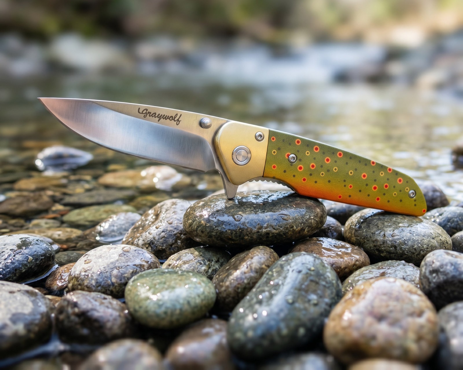 Graywolf RiverBorn Brown Trout Knife • D2 Steel • Brass Bolster • Custom Artwork