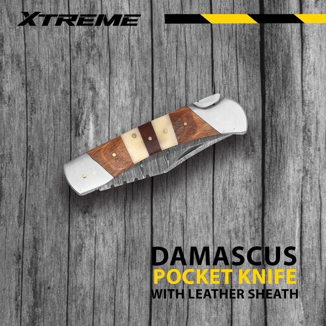 Custom Handmade Damascus Steel Pocket Knife Folding Blade With Leather Sheath