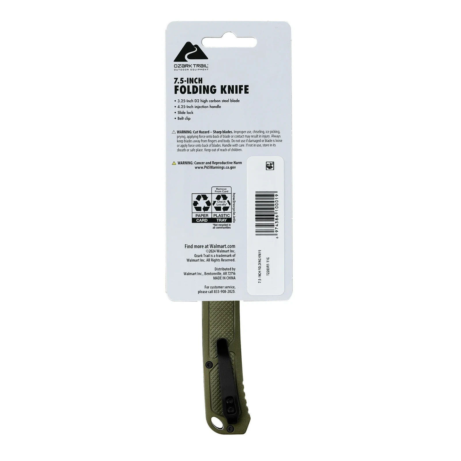 Ozark Trail 7.5 inch Folding Knife,D2 Blade,Ball Bearing,OD Green Handle, Slide