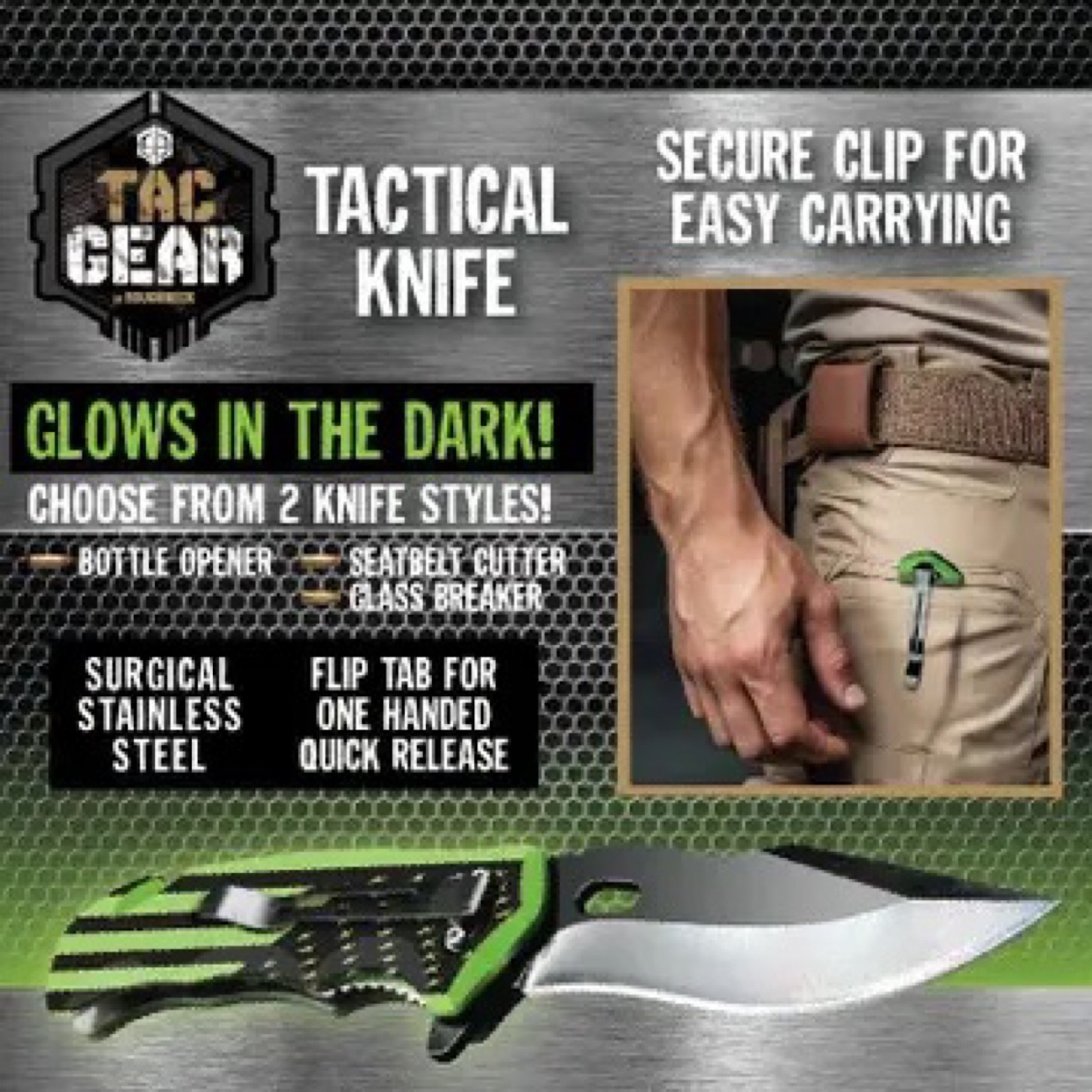 Glow In The Dark Tactical Knife with Pocket Clip & Bottle Opener Choose Style