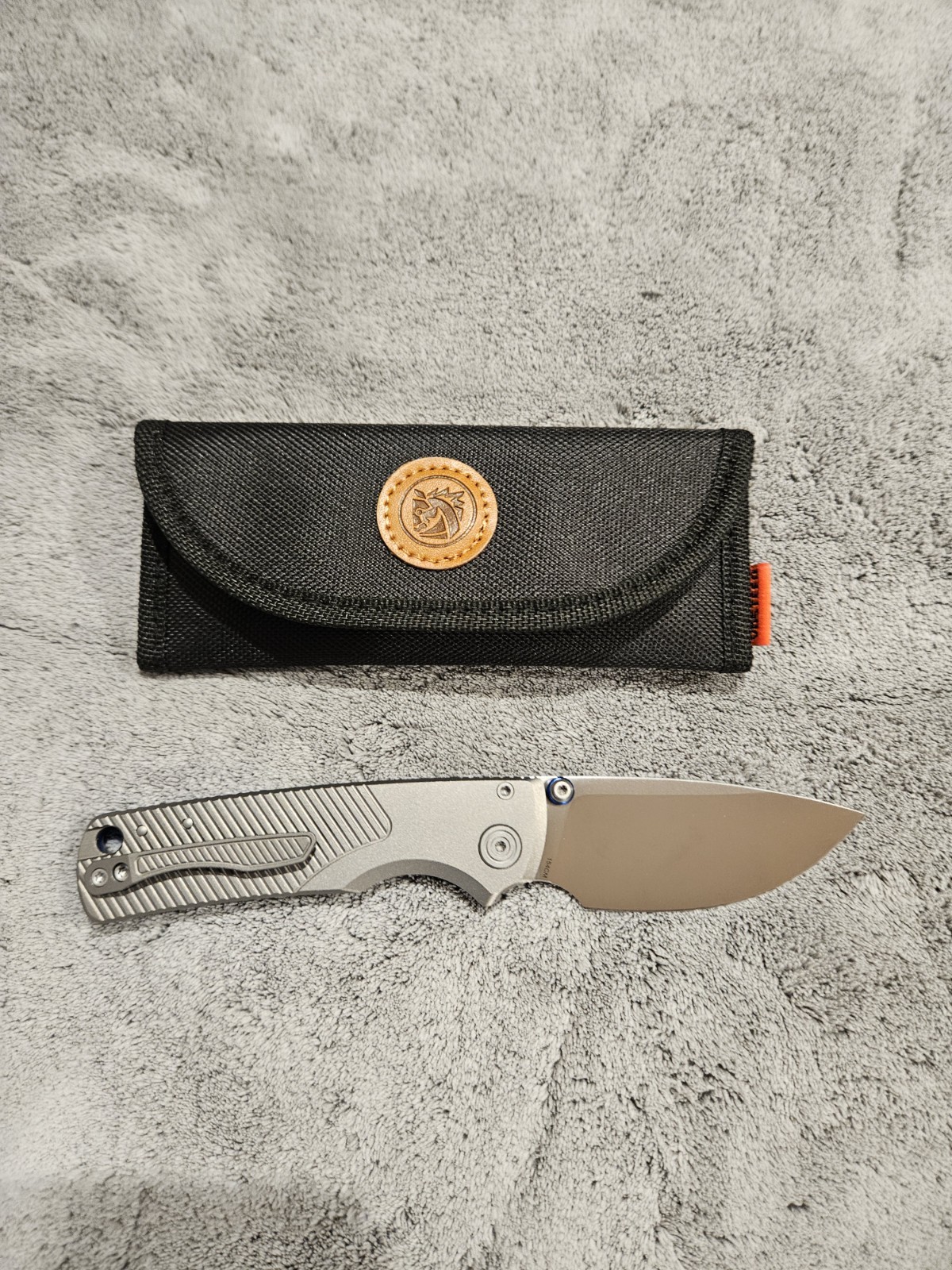 Custom Vosteed Porcupine Tislim 154CM Satin Blade Gray Ti Scales Blue Accents