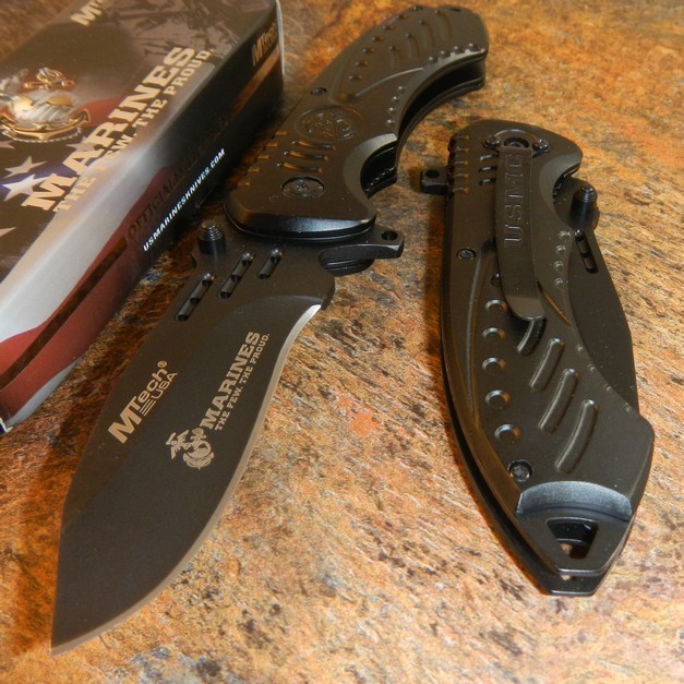 USMC Marines Spring Assisted Open BLACK Tactical Folding Pocket Rescue Knife NEW